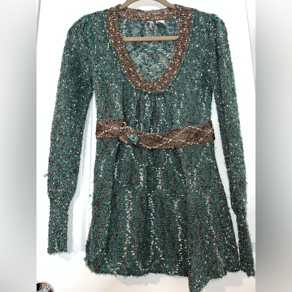 Buckle BKE Belted Waist Tweed ChunkyKnit Boho Earthy Brown Turquoise Sweater Med